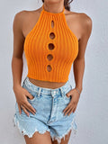 New Summer Women Cut Out Tie Backless Halter Neck Knit Crop Top Femme Sleeveless Sexy High Stretch Cropped Sweater Tank Clothes LANFUBEISI