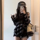 Streetwear Striped Knitted Sweater Women Gothic Harajuku Hollow Out Pullover Korean Hole All Match Loose Fashion Female Tops Ins LANFUBEISI