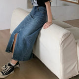 Women's Denim Wrap Skirts Retro High Waisted Split A-line Denim Skirt Autumn Fashion Straight Skirt Female LANFUBEISI