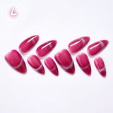 10Pcs Handmade Nail Set French Cat Eyes Red Nails Long Press on Nails Almond Reusable Acrylic Fake Nails with Glue Stick-on LANFUBEISI