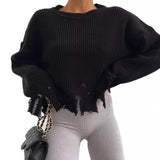 Female Ripped Sweater Women Long Sleeve Solid Knitted Tops Pullovers Sweaters Jumpers LANFUBEISI