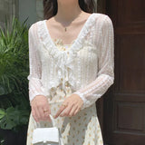 Women Summer Sun Protection Coat Lace Bow Ruffle Cardigan Shirt Female Blouse Tops for Woman Covers Blusa White Y2K Korean Shirt LANFUBEISI