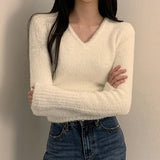 White Sweater Women 2023 Autumn Winter Soft Warm Clothes Long Sleeve Pullover Sweaters V Neck Slim Knitted Crop Tops Pull Femme LANFUBEISI