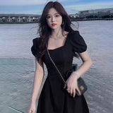 Women's Fashion Puff Short Sleeve Slim Sweet Versatile Dress Korean Version Solid Color Sweet Dress Summer Square Neck LANFUBEISI