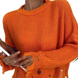 Female Ripped Sweater Women Long Sleeve Solid Knitted Tops Pullovers Sweaters Jumpers LANFUBEISI