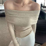 Black Solid Off Shoulder Elegant Long Sleeve Tops Korean Fashion Slim Sexy Cropped T Shirt Women Autumn Y2k Clothing Skinny Top LANFUBEISI