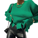 Female Ripped Sweater Women Long Sleeve Solid Knitted Tops Pullovers Sweaters Jumpers LANFUBEISI