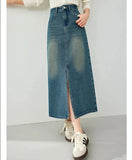 Vimly Denim Skirt for Women High Waist Split Long Jeans Skirt 2024 Spring Elegant Fashion 72295 LANFUBEISI