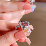 Y2K Pink Crystal Irregular Heart Ring Vintage Shiny Zircon Opal Love Open Ring for Women Kpop Punk Girl Party Jewelry Gifts 2023 LANFUBEISI