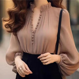 Office Lady Elegant V-Neck Shirt Button Spring Autumn Fashion Folds Spliced Women's Clothing Korean Solid Color All-match Blouse LANFUBEISI