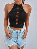 LANFUBEISI New Summer Women Cut Out Tie Backless Halter Neck Knit Crop Top Femme Sleeveless Sexy High Stretch Cropped Sweater Tank Clothes