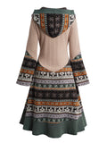 Women Christmas Dresses Elk Snowflake Tribal Pattern Knit High Low Flocking Liner Hooded Dress Button Up Flare Sleeve Midi Dress LANFUBEISI