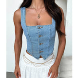 Women Denim Vest Sleeveless Boat Neck Button Down Crop Vest Jean Tanks Top Slim Smocking Aesthetic Clothes LANFUBEISI