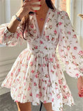 CHRONSTYLE Elegant Women Floral Print Short Mini Dress Long Lantern Sleeve Deep V Neck High Waist A-Line Dresses Female Vestidos LANFUBEISI