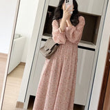 2024 New Style Women's Long Sleeve Pink Floral Dress Salty French Tea Matching Lightweight Spring Clothing LANFUBEISI