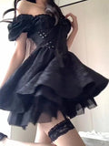 2023 Summer Black Gothic Mini Dress Women Short Sleeve Even Party Dress Female Casual Bodycon Lace Beach Sundress Female Chic LANFUBEISI