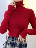 ZOKI New 2023 Women Pullover Turtleneck Sweater Autumn Long Sleeve Slim Elastic Korean Simple Basic Cheap Jumper Solid Color Top LANFUBEISI