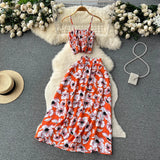 YuooMuoo Women Dress Set 2023 New Summer Vacation Fashion Floral Print Straps Crop Tops + Long Skirts Outfits Beach 2Pcs Suits LANFUBEISI