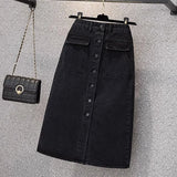 Oversized Women Black Denim Skirts Autumn New High Waist Single Breasted  A-line Ladies Skirts Elegant Slit Midi Jean Skirts LANFUBEISI