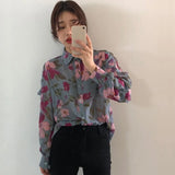 Women's Chiffon Shirt Floral Print V-Neck Long Sleeve Fashion Cozy Loose Blouse LANFUBEISI