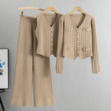 Women's Three piece Cardigan set Casual Sweater Sets Women 3 piece Outfits Long Sleeve Striped Cardigan Top Wide Leg Pants LANFUBEISI