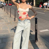 Women Floral Print Mesh Sheer Camisole Summer Sleeveless Crop Tops Hotsweet Y2K Lace Trim Cute Bow V Neck Tank Tops Streetwear LANFUBEISI