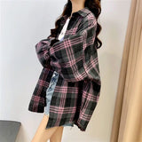 Plaid Shirt Women Autumn Long Sleeve Top Female Vintage Fashion Single Breasted Blouse Ladies Preppy Style Loose Check Shirts LANFUBEISI