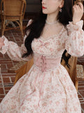 2023 Spring Pink Floral Elegant Dress Women Bandage Lace Print Sweet Vintage Dress Puff Sleeve Kawaii Dress Women Princess Fairy LANFUBEISI