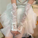 Sexy White Hollow Satin Bow Lace Gloves Lolita Bride Thin Sun Protection Arm Sleeves Women Summer Fingerless Sunscreen Mittens LANFUBEISI