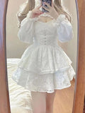 Japanese Kawaii Lolita Dress Women Elegant Sweet Lace Ruffles White Strap Dresses Sexy Korean Fashion Birthday Party Fairy Dress LANFUBEISI