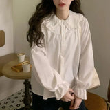 LANFUBEISI Vintage Women White Shirt Preppy Style Fashion Elegant Female Long Sleeve Blouse Y2K Sweet Kawaii All Match Shirts