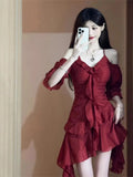 New Red French Elegant Y2k Mini Dress Even Party Short Sleeve Woman Vintage One Piece Dress Korean 90s Fashion Summer Chics LANFUBEISI