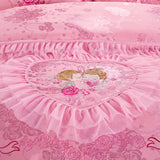 LANFUBEISI Red Pink Luxury Lace Wedding Bedding Set King Queen Size Princess Bed Set Jacquard Embroidery Duvet Cover Bedspread Bed Sheet LANFUBEISI