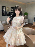 Japanese Kawaii Retro Mini Dress Women Casual 2000s Vintage Y2k Lolita Even Party Floral Dress Female Chic Summer Short Sleeve LANFUBEISI