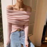 Black Solid Off Shoulder Elegant Long Sleeve Tops Korean Fashion Slim Sexy Cropped T Shirt Women Autumn Y2k Clothing Skinny Top LANFUBEISI