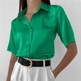 Satin Shirt Women's Polo Collar Office Lady blouse Vintage Blue Green Silk Shirt Loose Button Up Down Shirts Black Fashion Tops LANFUBEISI