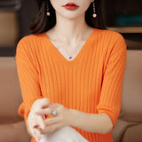 Women Sweater Short Sleeve V-neck Stripe Knitwears Slim Fit Shirt Korean Fashion Pullovers Thin Knit Tops Bottoming Shirts LANFUBEISI