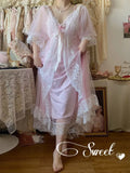 1 Set Fairytale Women Princess Pink Gauze Robe+Nightdress.Lady Girl Rose Lace Nightgowns Tulle Pajamas Vintage Sleepwear Nightie LANFUBEISI