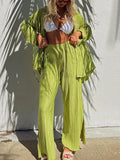 Women Two-piece Pleated Pants Suits Casual Chic Solid Color Long Sleeve Button down Shirts and Straight Leg Trousers Set LANFUBEISI