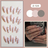 Wearable Silver Stripes Y2k False Nails Long Almond Round Fashion Nail Tips Press On With Silver Beads Designs Fake Nails Art LANFUBEISI