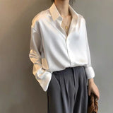 Women Silk Shirt New Vintage Fashion Solid Button Up Long Sleeves Blouse Tops Female Summer Casual Loose Office Lady Shirts LANFUBEISI