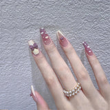 24Ps/Set Medium Long French Fake Nails Bow Japan Nude Pink with Pearls Artificial Acrylic Press on Nails Removable Stick on Nail LANFUBEISI