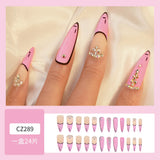 24pcs Pink French Fake Nail with Rhinestone Design False Nails Long Almond Press on Nail Tips Wearable Detachable LANFUBEISI