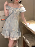 LANFUBEISI Kawaii Japanese dress lolita y2k Sweet Blue Floral Dress Women Casual Evening Party One Piece Dress Korean Fashion Summer 2024