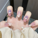 24Ps/Set Medium Long French Fake Nails Bow Japan Nude Pink with Pearls Artificial Acrylic Press on Nails Removable Stick on Nail LANFUBEISI