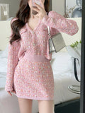 LANFUBEISI Two Piece Dress Set Sweet Cardigan Sweater + Slim Skirt Pink Elegant Y2k Mini Dress Autumn Office Lady Casual Knitted Suits