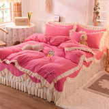 LANFUBEISI Korean Princess Style Bedding Set Soft Thickened Duvet Cover Bed Sheet Skirt and Pillowcases Cute Bow Girls Pink Comfort Cover LANFUBEISI