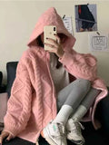 HOUZHOU Korean Fashion Knit Cardigan Women 2022 Autumn Winter Casual Loose Zipper Hooded Thick Sweater Coat Long Sleeve Pink Top LANFUBEISI