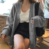 2023 Autumn Women's Sweater Fashion V-neck Vintage Knitted Cardigan Korean Loose Solid Sweaters Female LANFUBEISI