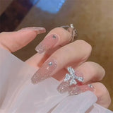 24Ps/Set Medium Long French Fake Nails Bow Japan Nude Pink with Pearls Artificial Acrylic Press on Nails Removable Stick on Nail LANFUBEISI